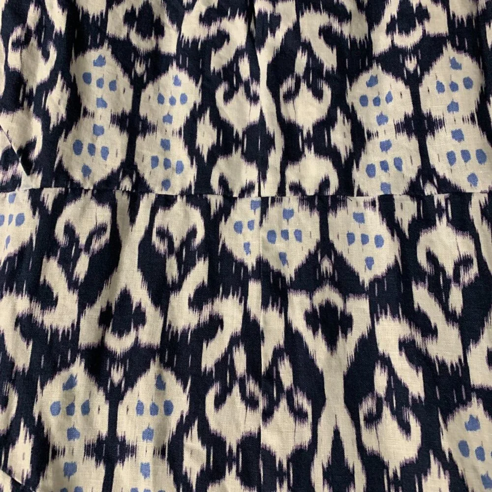 Gap 100% Linen Sleeveless V-neck Fit & Flare Ikat Blue White Mini Dress Size 4